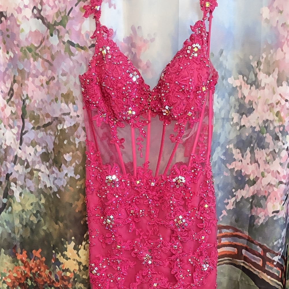Jovani Hot Pink Beaded Sheer Prom Dress - Picture 7 of 7